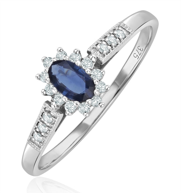 Sapphire 5 x 3mm And Diamond 9K White Gold Ring